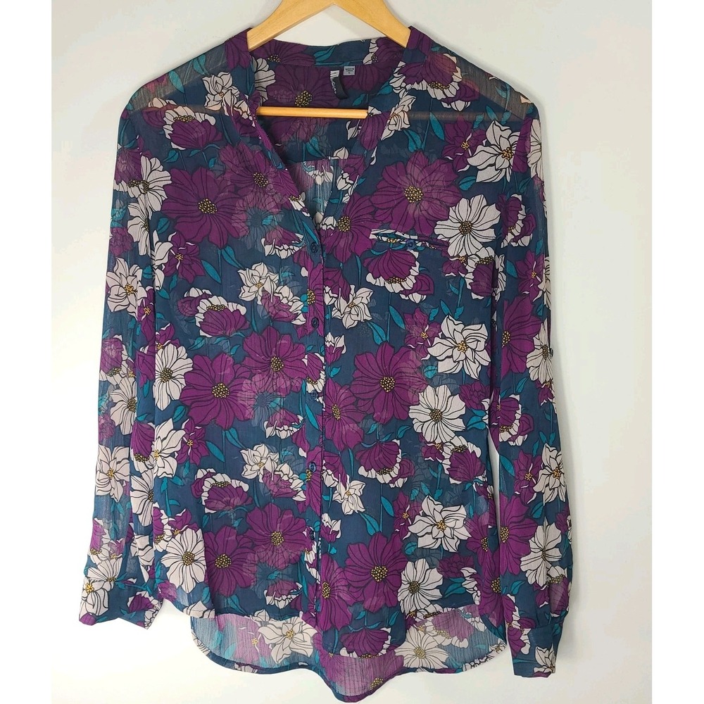 Kut From The Kloth Purple Sheer Floral Button Long Sleeve Blouse Size S